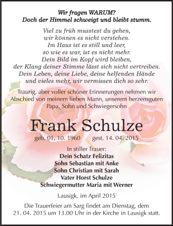 Traueranzeige von Frank Schulze von Mitteldeutsche Zeitung Köthen