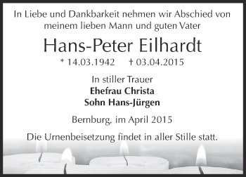 Traueranzeige von Hans-Peter Eilhardt von Super Sonntag Bernburg