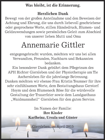 Traueranzeige von Annemarie Gittler von Super Sonntag Aschersleben