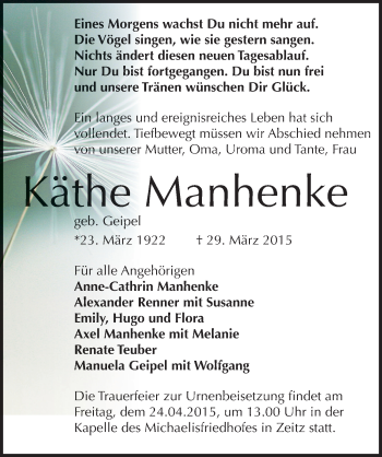 Traueranzeige von Käthe Manhenke von Mitteldeutsche Zeitung Zeitz