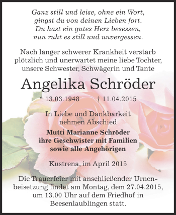 Traueranzeige von Angelika Schröder von Super Sonntag Bernburg