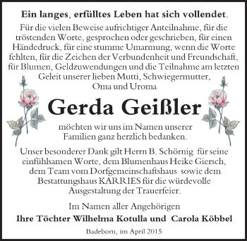 Traueranzeige von Gerda Geißler von Mitteldeutsche Zeitung Quedlinburg