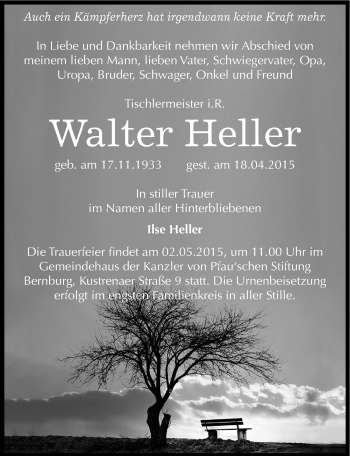 Traueranzeige von Walter Heller von Mitteldeutsche Zeitung Bernburg