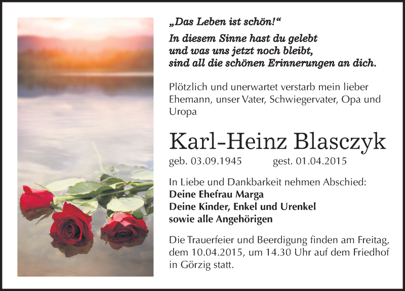  Traueranzeige für Karl-Heinz Blasczyk vom 08.04.2015 aus Mitteldeutsche Zeitung Köthen