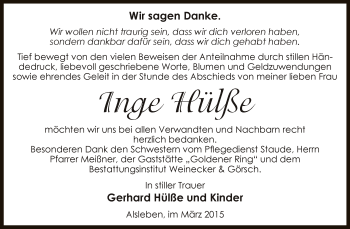 Traueranzeige von Inge Hülße von Super Sonntag Bernburg