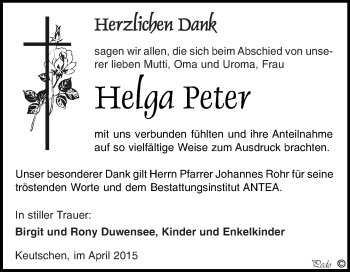 Traueranzeige von Helga Peter von WVG - Wochenspiegel NMB / WSF / ZTZ