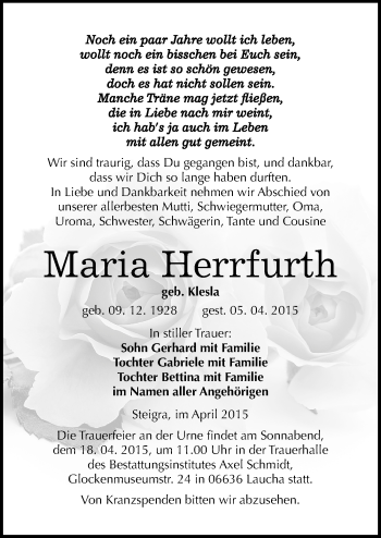 Traueranzeige von Maria Herrfurth von Mitteldeutsche Zeitung