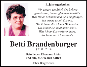Traueranzeige von Betti Brandenburger von Super Sonntag Wittenberg