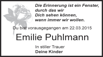 Traueranzeige von Emilie Puhlmann von WVG - Wochenspiegel Dessau / Köthen