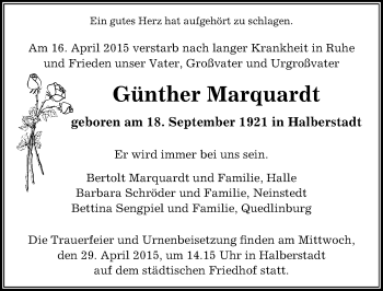 Traueranzeige von Günther Marquardt von Mitteldeutsche Zeitung