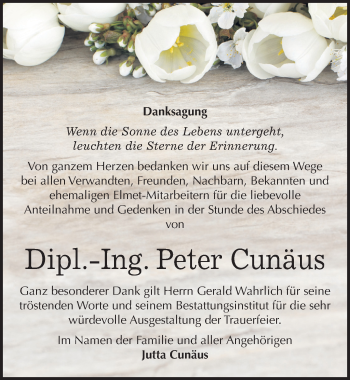 Traueranzeige von Peter Cunäus von Mitteldeutsche Zeitung Mansfelder Land