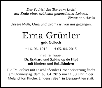 Traueranzeige von Erna Grünler von Mitteldeutsche Zeitung Dessau-Roßlau