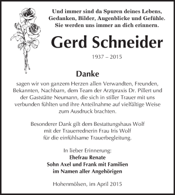 Traueranzeige von Gerd Schneider von WVG - Wochenspiegel NMB / WSF / ZTZ