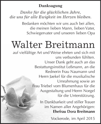 Traueranzeige von Walter Breitmann von WVG - Wochenspiegel Wittenberg