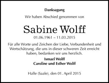Traueranzeige von Sabine Wolff von Mitteldeutsche Zeitung Halle/Saalkreis