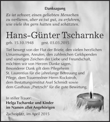 Traueranzeige von Hans-Günter Tscharnke von WVG - Wochenspiegel NMB / WSF / ZTZ