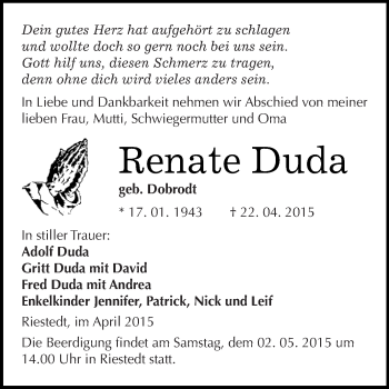 Traueranzeige von Renate Duda von Super Sonntag SGH Mansf. Land