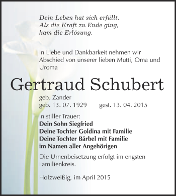 Traueranzeige von Gertraud Schubert von WVG - Wochenspiegel Bitterfeld