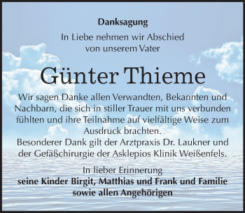 Traueranzeige von Günter Thieme von Mitteldeutsche Zeitung Weißenfels