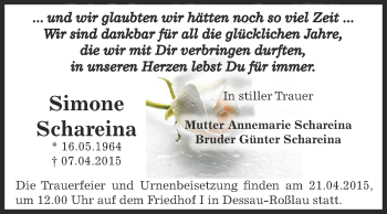 Traueranzeige von Simone Schareina von WVG - Wochenspiegel Dessau / Köthen