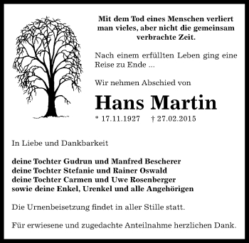 Traueranzeige von Hans Martin von Mitteldeutsche Zeitung Zeitz
