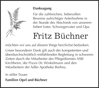 Traueranzeige von Fritz Büchner von WVG - Wochenspiegel Bitterfeld
