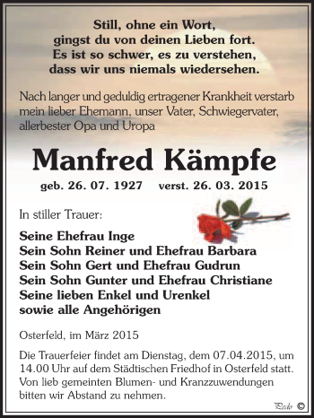 Traueranzeige von Manfred Kämpfe von WVG - Wochenspiegel NMB / WSF / ZTZ