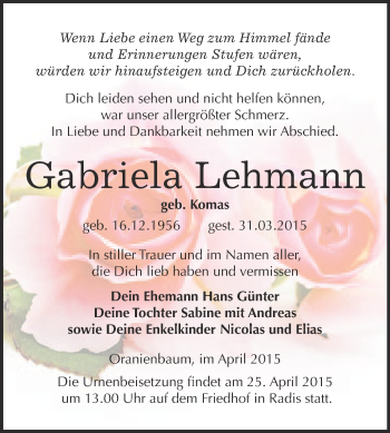 Traueranzeige von Gabriela Lehmann von Super Sonntag Wittenberg