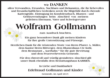 Traueranzeige von Wolfram Gollmann von Mitteldeutsche Zeitung Quedlinburg