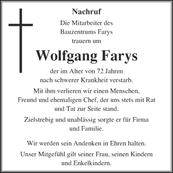 Traueranzeige von Wolfgang Farys von WVG - Wochenspiegel NMB / WSF / ZTZ