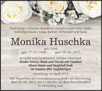 Traueranzeige von Monika Huschka von WVG - Wochenspiegel Merseburg