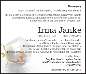Traueranzeige von Irma Janke von Mitteldeutsche Zeitung Sangerhausen