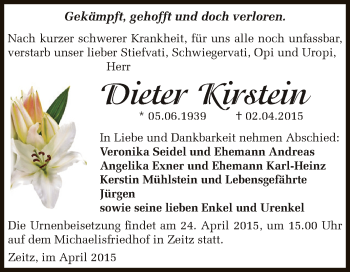 Traueranzeige von Dieter Kirstein von Super Sonntag Zeitz