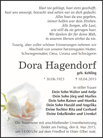 Traueranzeige von Dora Hagendorf von WVG - Wochenspiegel Wittenberg