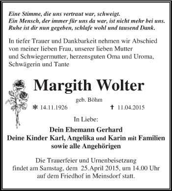 Traueranzeige von Margith Wolter von WVG - Wochenspiegel Dessau / Köthen