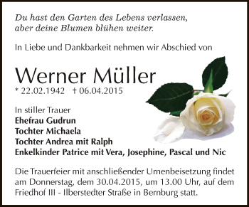 Traueranzeige von Werner Müller von Super Sonntag Bernburg
