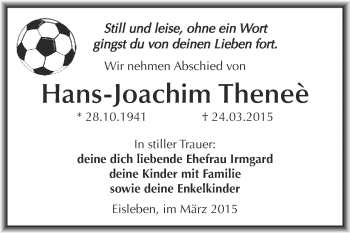 Traueranzeige von Hans-Joachim Theneè von Wochenspiegel Mansfelder Land