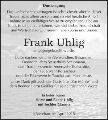 Traueranzeige von Frank Uhlig von Super Sonntag Merseburg