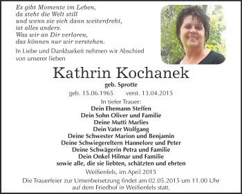Traueranzeige von Kathrin Kochanek von WVG - Wochenspiegel NMB / WSF / ZTZ
