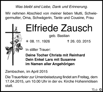 Traueranzeige von Elfriede Zausch von WVG - Wochenspiegel NMB / WSF / ZTZ