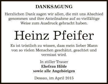Traueranzeige von Heinz Pfeifer von WVG - Wochenspiegel Dessau / Köthen