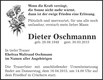 Traueranzeige von Dieter Oschmannn von Super Sonntag Bernburg