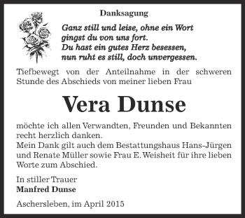Traueranzeige von Vera Dunse von Super Sonntag Aschersleben