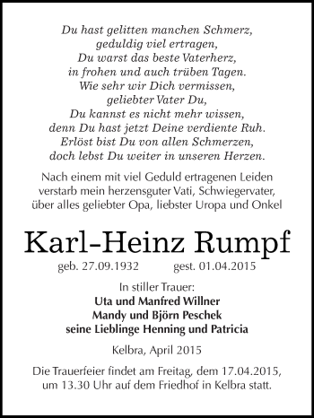 Traueranzeige von Karl-Heinz Rumpf von Super Sonntag SGH Mansf. Land