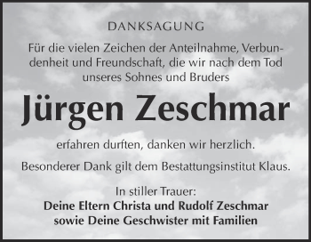 Traueranzeige von Jürgen Zeschmar von WVG - Wochenspiegel NMB / WSF / ZTZ