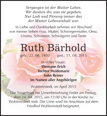 Traueranzeige von Ruth Bärhold von Mitteldeutsche Zeitung Naumburg/Nebra