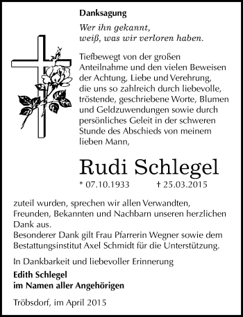 Traueranzeige von Rudi Schlegel von Mitteldeutsche Zeitung Naumburg/Nebra