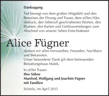Traueranzeige von Alice Fügner von WVG - Wochenspiegel Quedlinburg