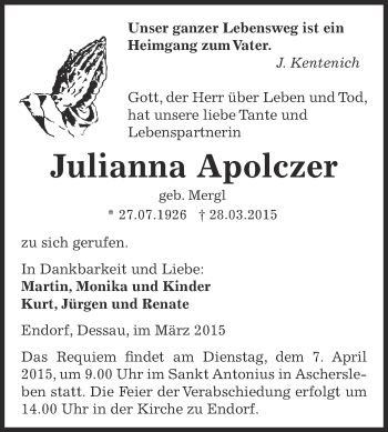 Traueranzeige von Julianna Apolczer von Super Sonntag Aschersleben