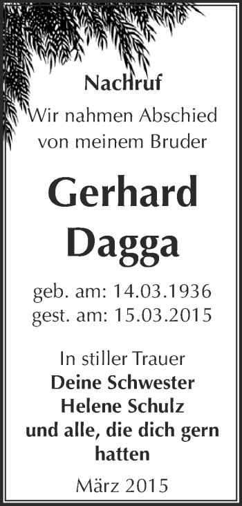 Traueranzeige von Gerhard Dagga von Super Sonntag Bernburg